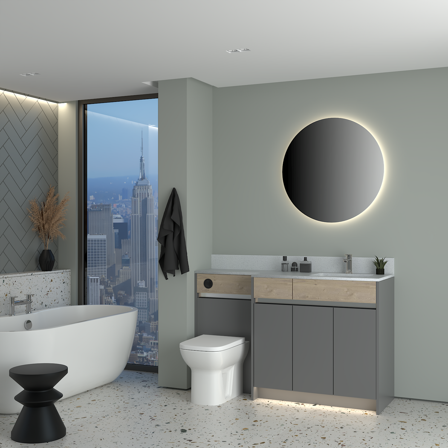 ELANA OAK / MATT WITH CHROME PROFILE & TAP BASE UNITS BATHROOM FITTED FURNITURE