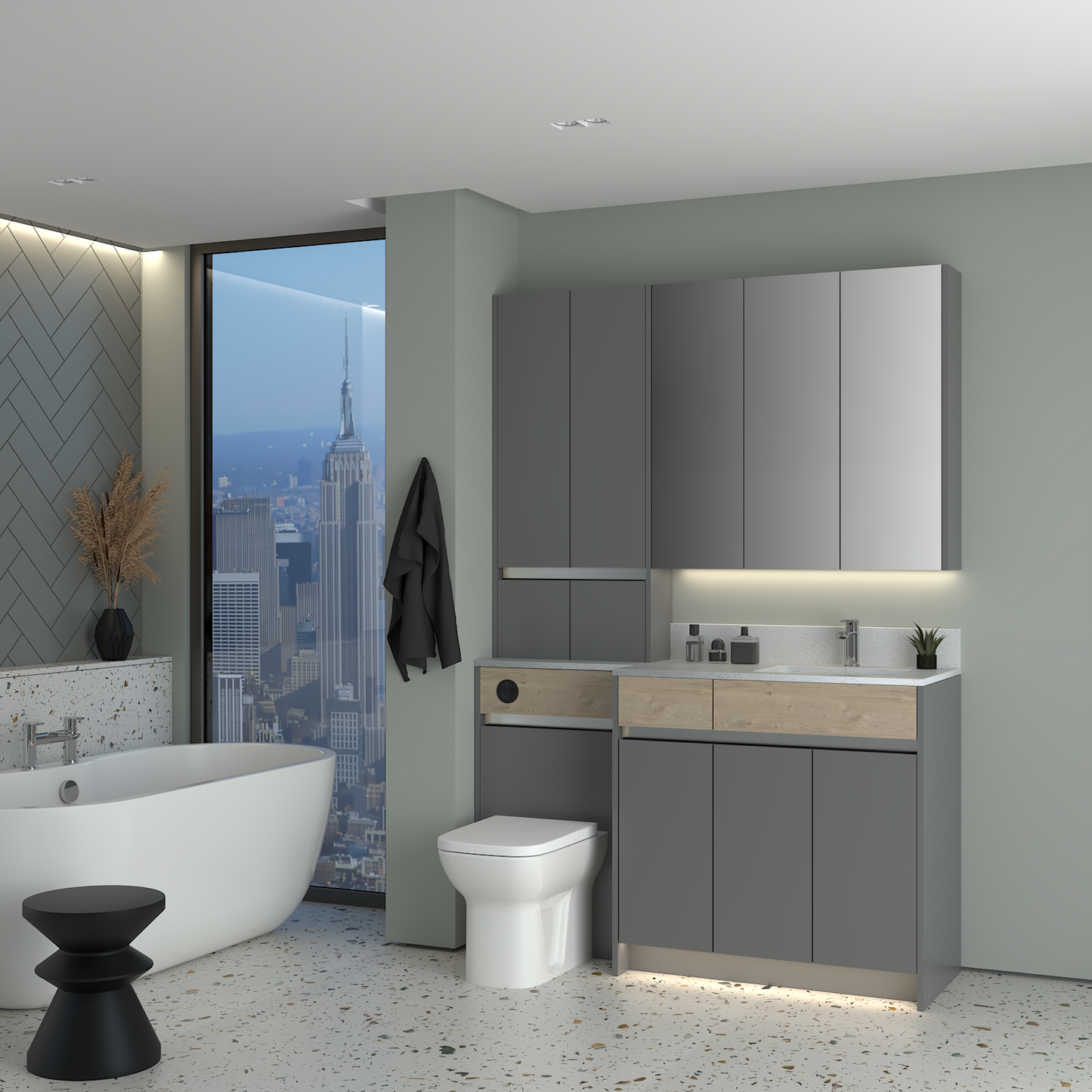 ELANA OAK / MATT WITH CHROME PROFILE & TAP BASE, TALL & WALL UNITS BATHROOM FITTED FURNITURE