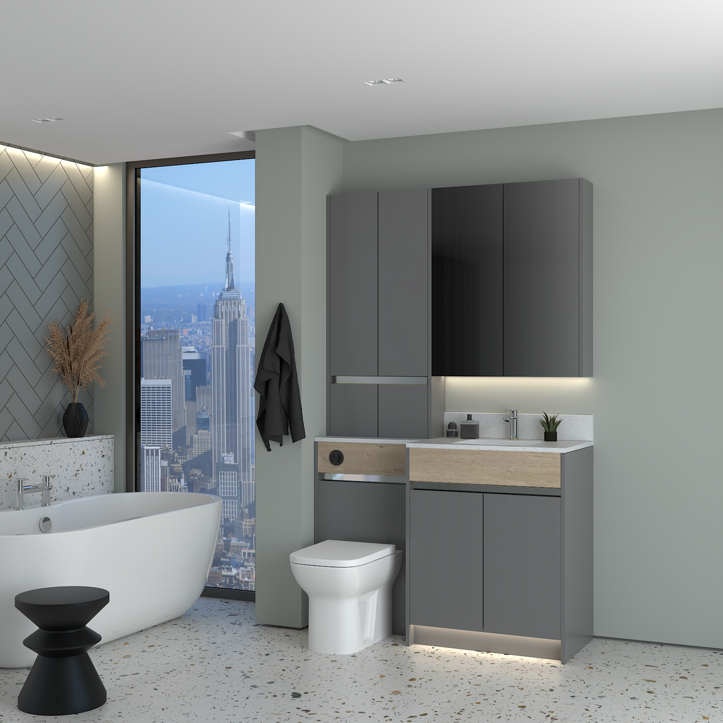 ELANA OAK / MATT WITH CHROME PROFILE & TAP BASE, TALL & WALL UNITS BATHROOM FITTED FURNITURE