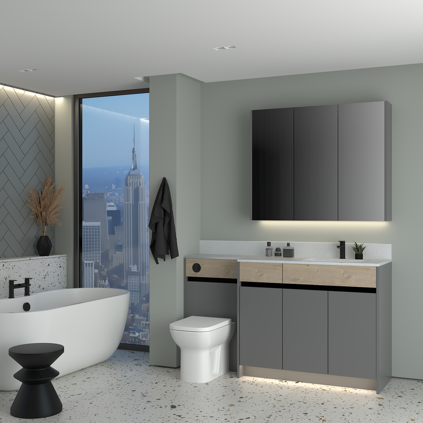 ELANA OAK / MATT WITH BLACK PROFILE & TAP BASE & WALL UNITS BATHROOM FITTED FURNITURE