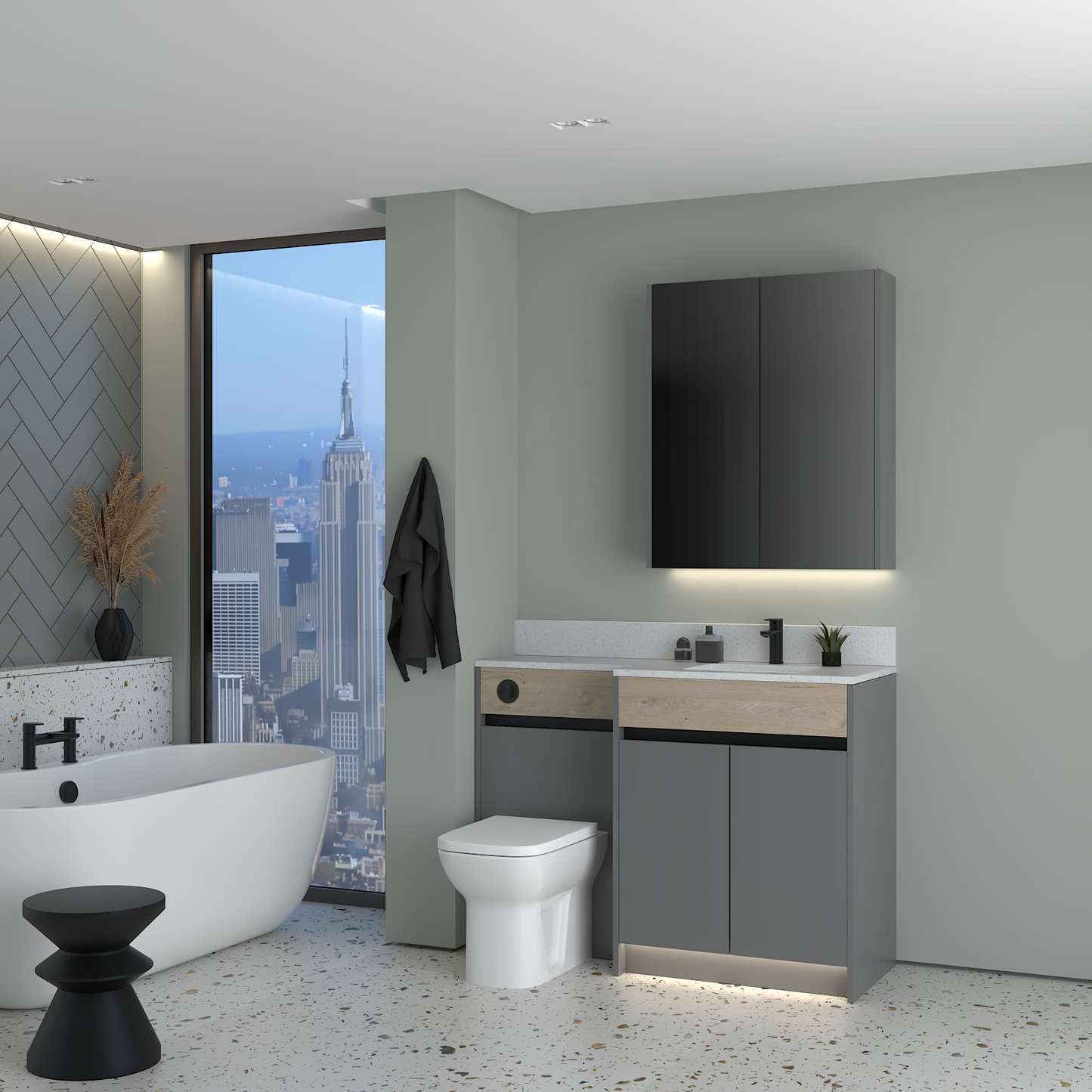 ELANA OAK / MATT WITH BLACK PROFILE & TAP BASE & WALL UNITS BATHROOM FITTED FURNITURE