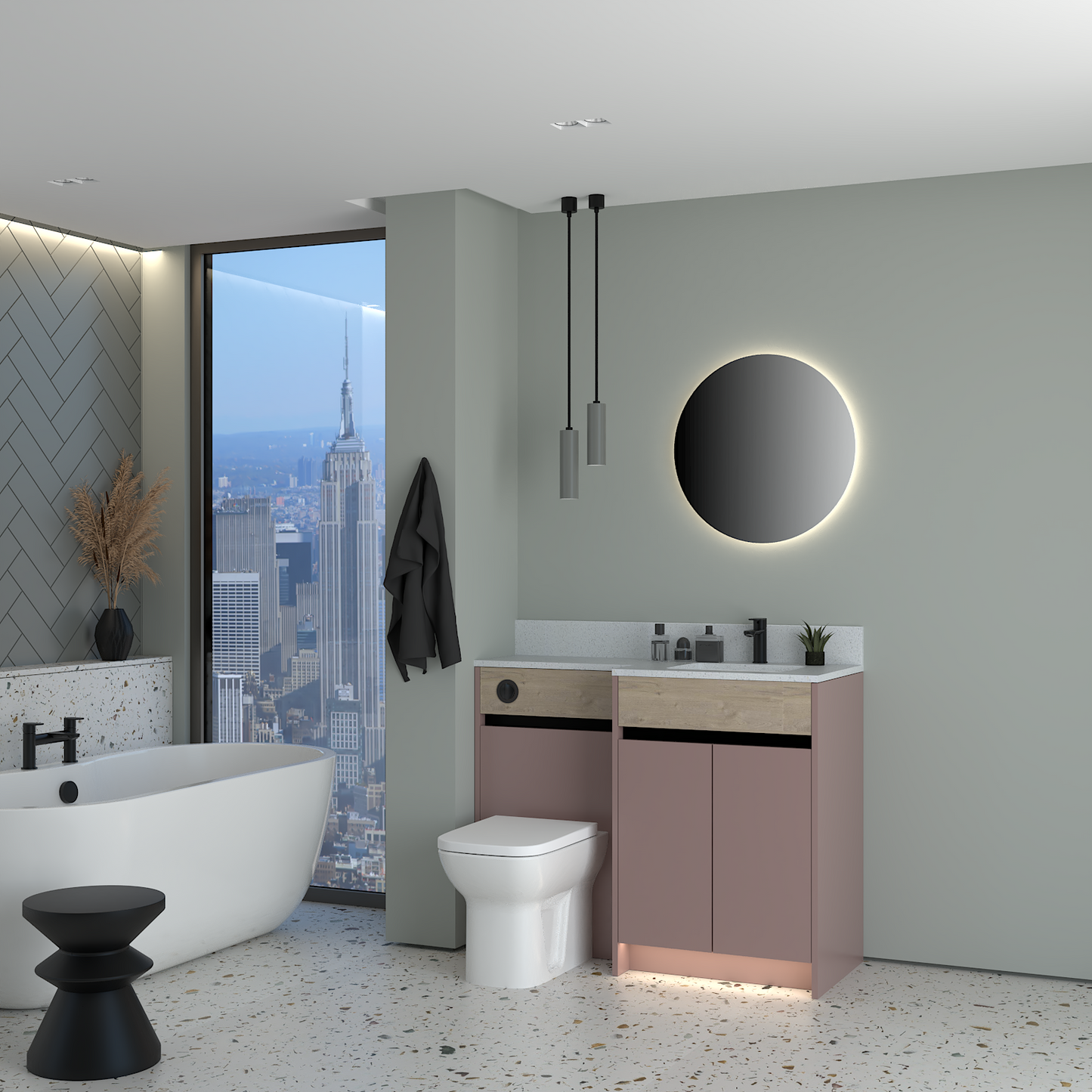 ELANA OAK / MATT WITH BLACK PROFILE & TAP BASE UNITS BATHROOM FITTED FURNITURE
