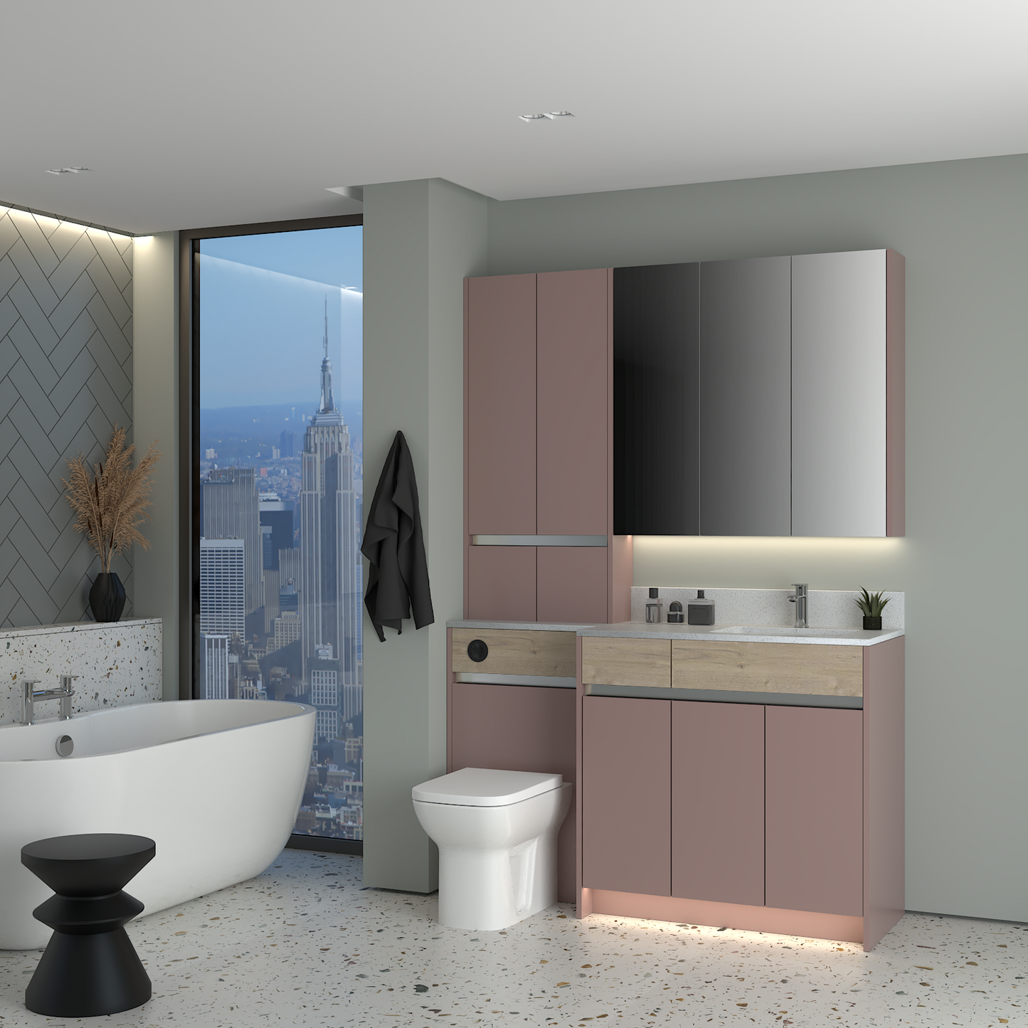 ELANA OAK / MATT WITH CHROME PROFILE & TAP BASE, TALL & WALL UNITS BATHROOM FITTED FURNITURE