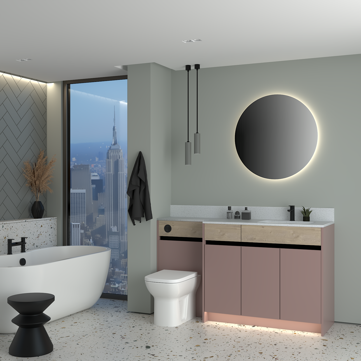 ELANA OAK / MATT WITH BLACK PROFILE & TAP BASE UNITS BATHROOM FITTED FURNITURE