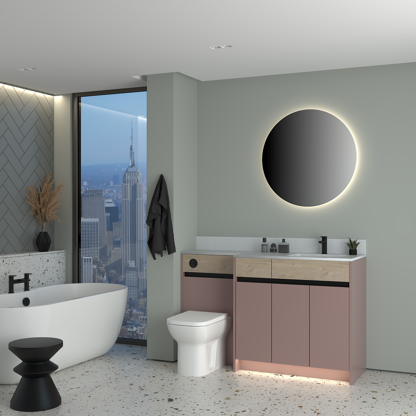 ELANA OAK / MATT WITH BLACK PROFILE & TAP BASE UNITS BATHROOM FITTED FURNITURE