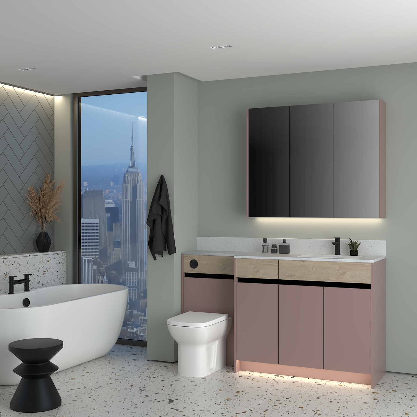 ELANA OAK / MATT WITH BLACK PROFILE & TAP BASE & WALL UNITS BATHROOM FITTED FURNITURE