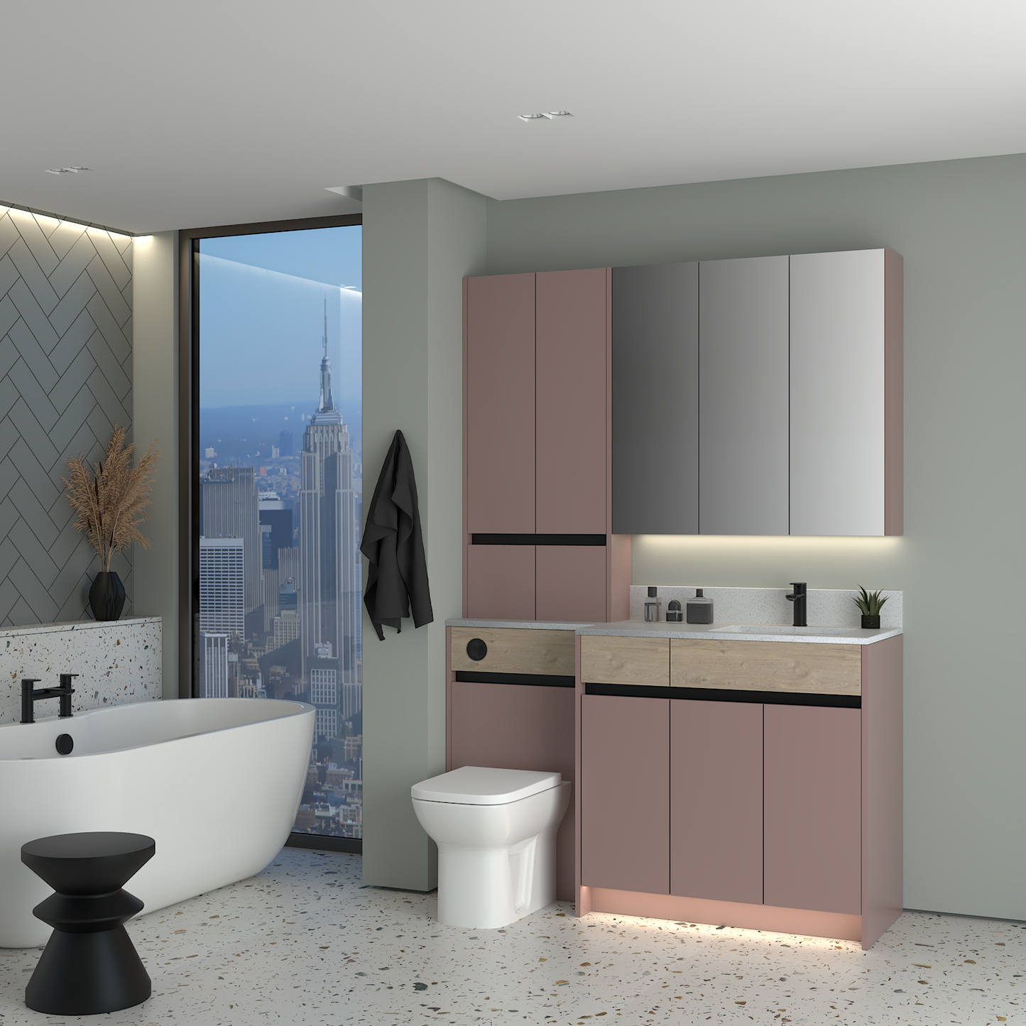 ELANA OAK / MATT WITH BLACK PROFILE & TAP BASE, TALL & WALL UNITS BATHROOM FITTED FURNITURE