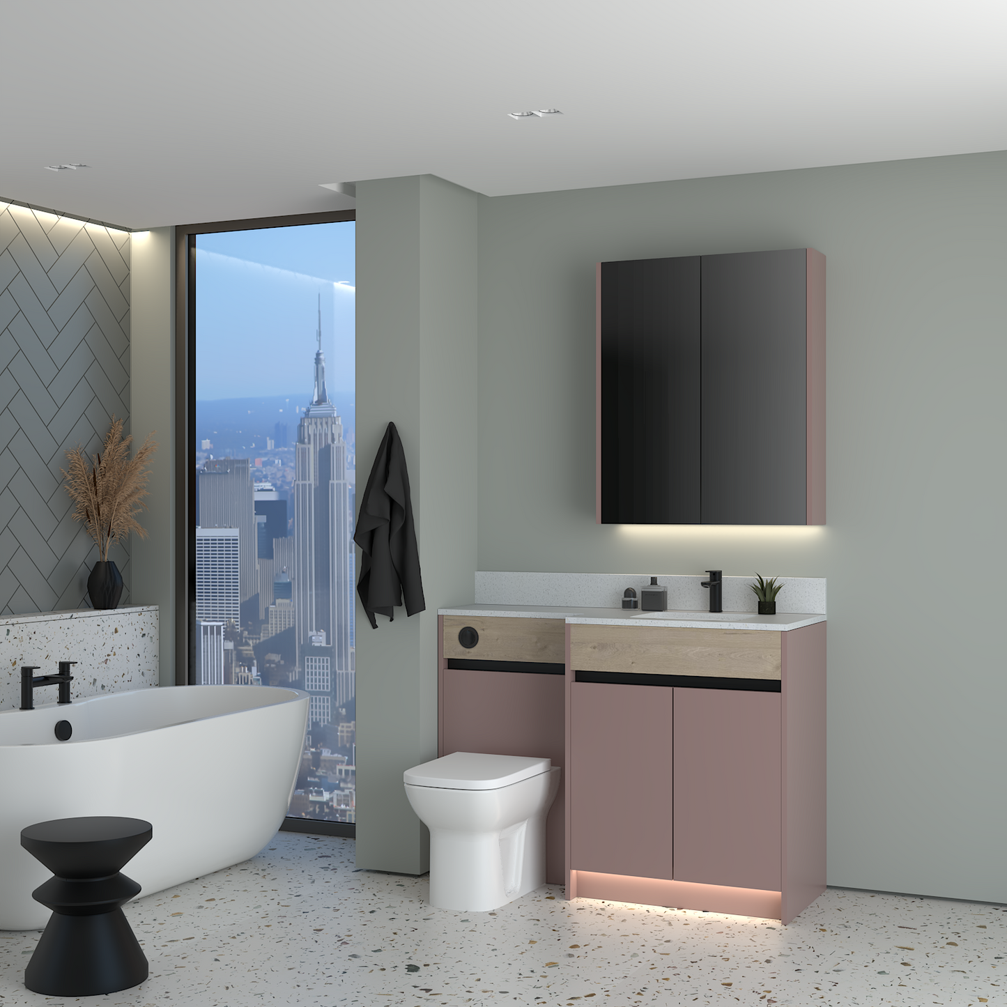 ELANA OAK / MATT WITH BLACK PROFILE & TAP BASE & WALL UNITS BATHROOM FITTED FURNITURE