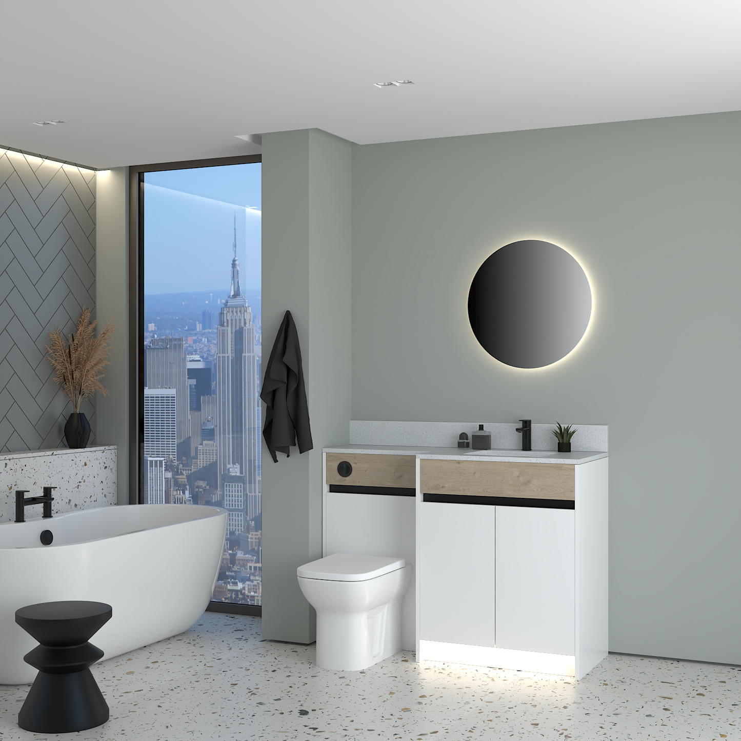 ELANA OAK / MATT WITH BLACK PROFILE & TAP BASE UNITS BATHROOM FITTED FURNITURE