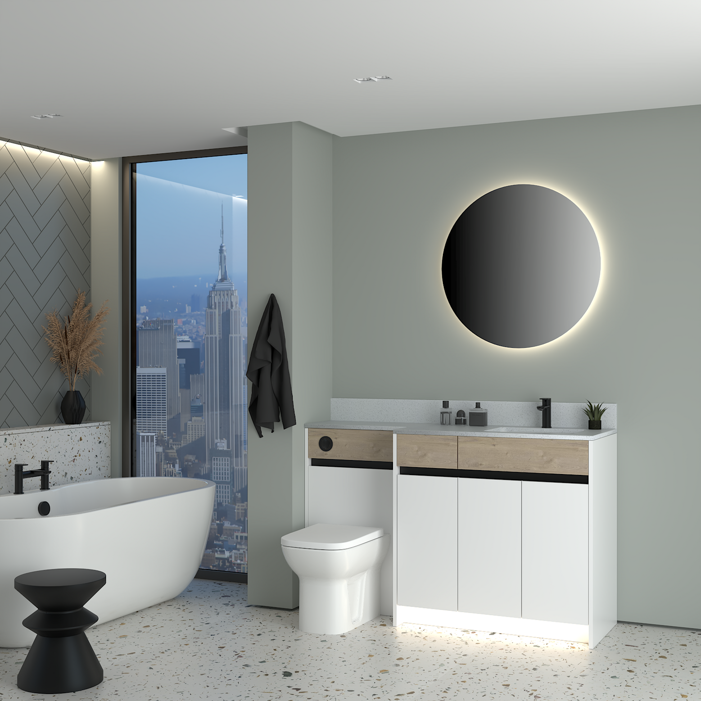 ELANA OAK / MATT WITH BLACK PROFILE & TAP BASE UNITS BATHROOM FITTED FURNITURE