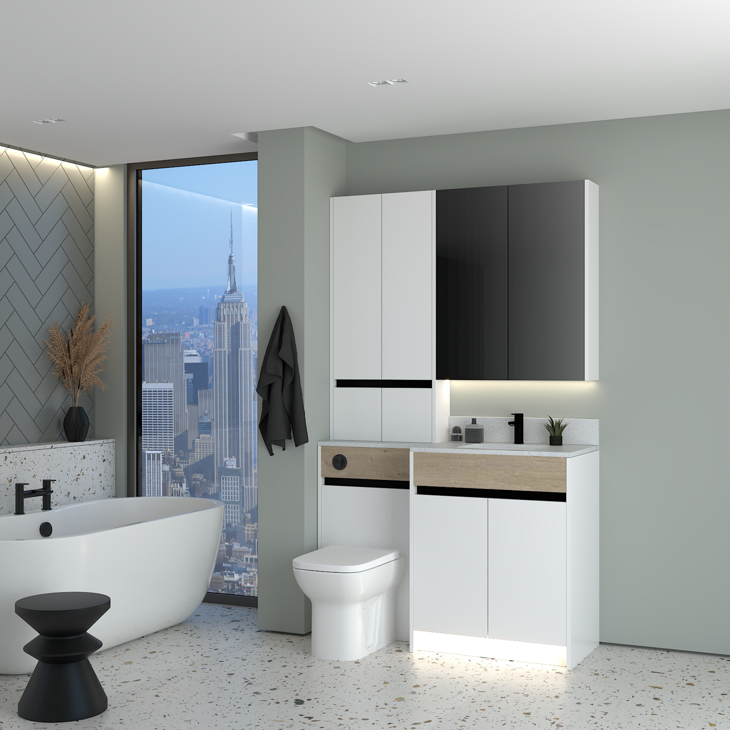 ELANA OAK / MATT WITH BLACK PROFILE & TAP BASE, TALL & WALL UNITS BATHROOM FITTED FURNITURE