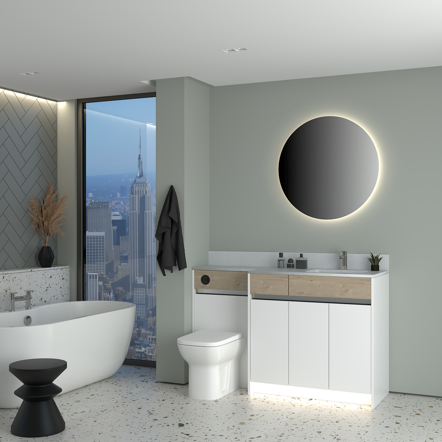 ELANA OAK / MATT WITH CHROME PROFILE & TAP BASE UNITS BATHROOM FITTED FURNITURE