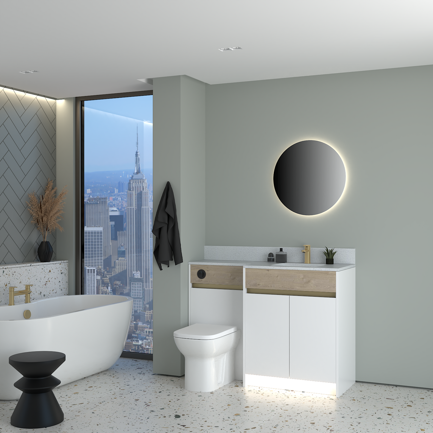 ELANA OAK / MATT WITH BRASS PROFILE & TAP BASE UNITS BATHROOM FITTED FURNITURE