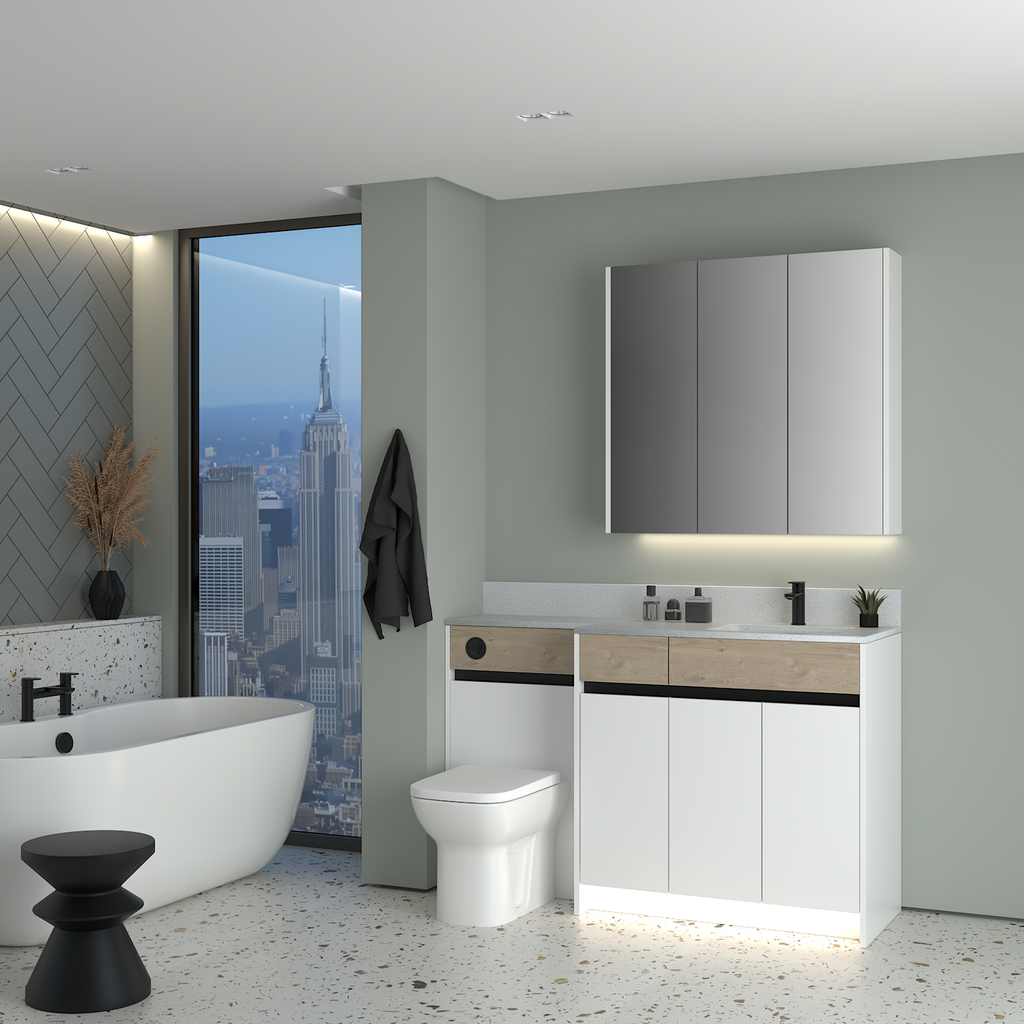 ELANA OAK / MATT WITH BLACK PROFILE & TAP BASE & WALL UNITS BATHROOM FITTED FURNITURE