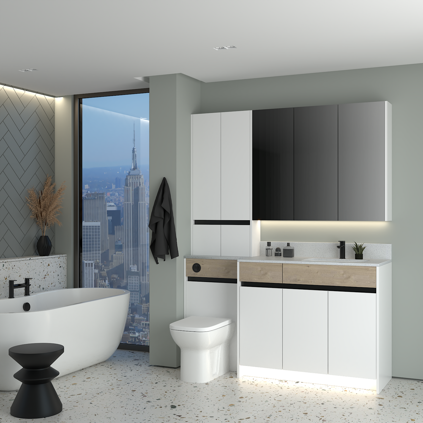 ELANA OAK / MATT WITH BLACK PROFILE & TAP BASE, TALL & WALL UNITS BATHROOM FITTED FURNITURE