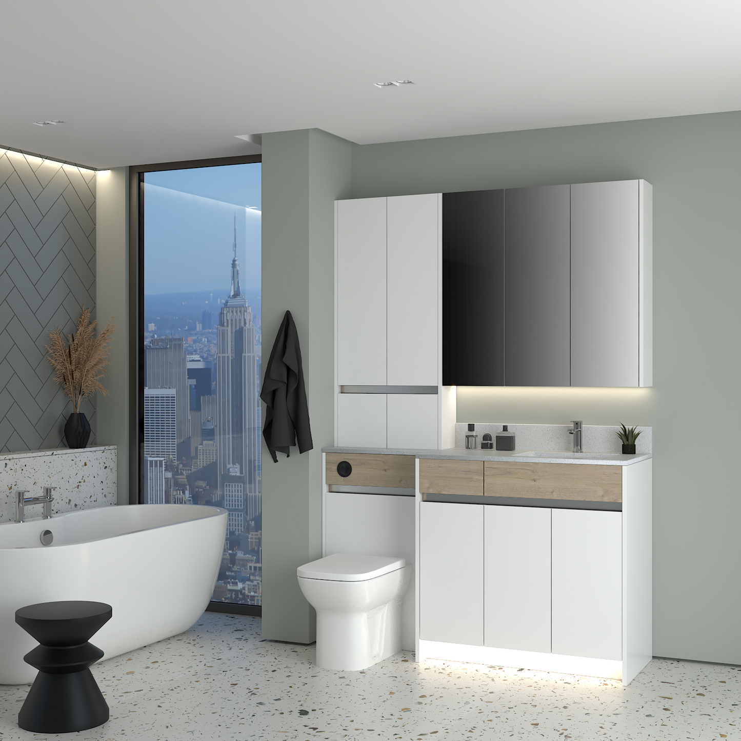 ELANA OAK / MATT WITH CHROME PROFILE & TAP BASE, TALL & WALL UNITS BATHROOM FITTED FURNITURE