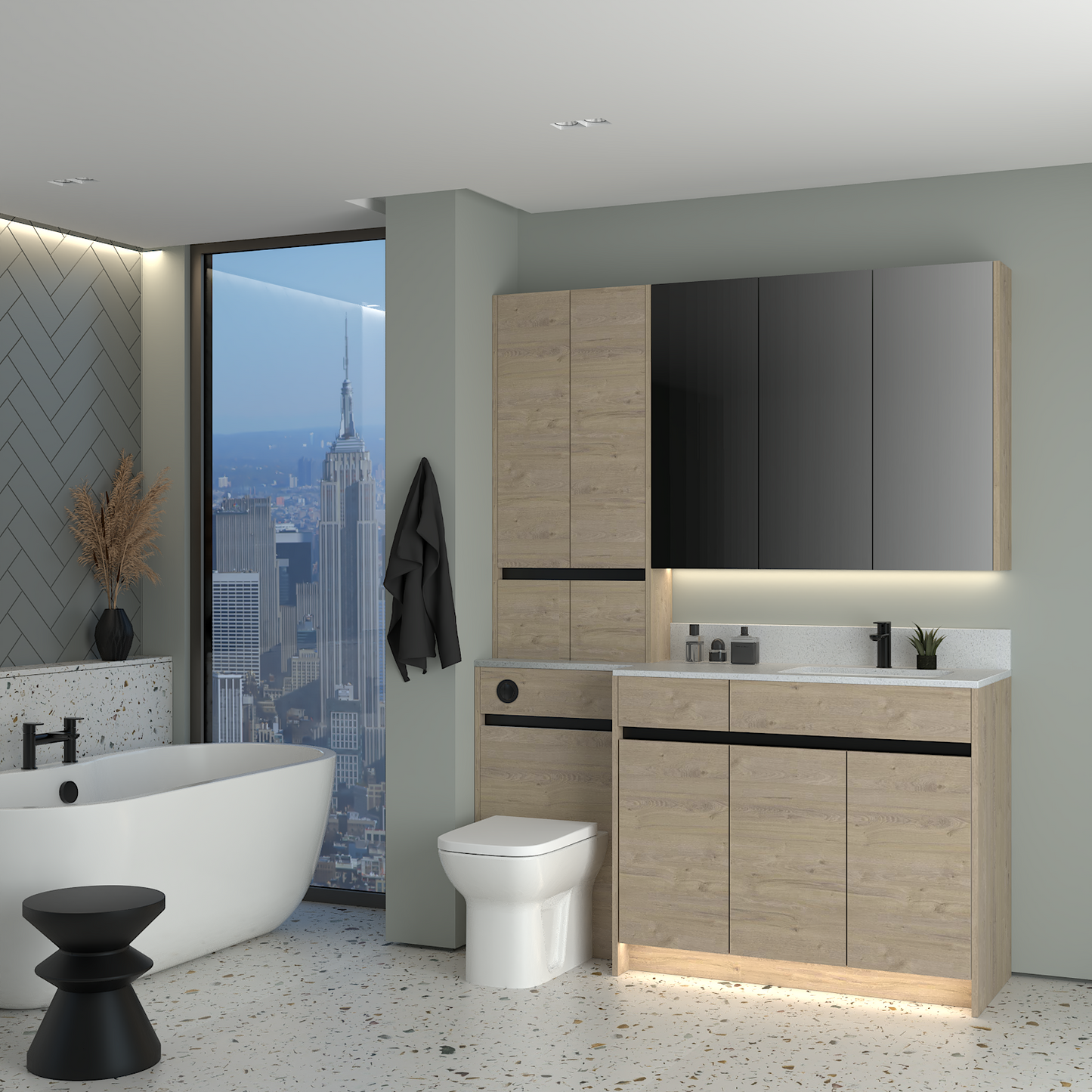 ELANA MATT WITH BLACK PROFILE & TAP BASE, TALL & WALL UNITS BATHROOM FITTED FURNITURE