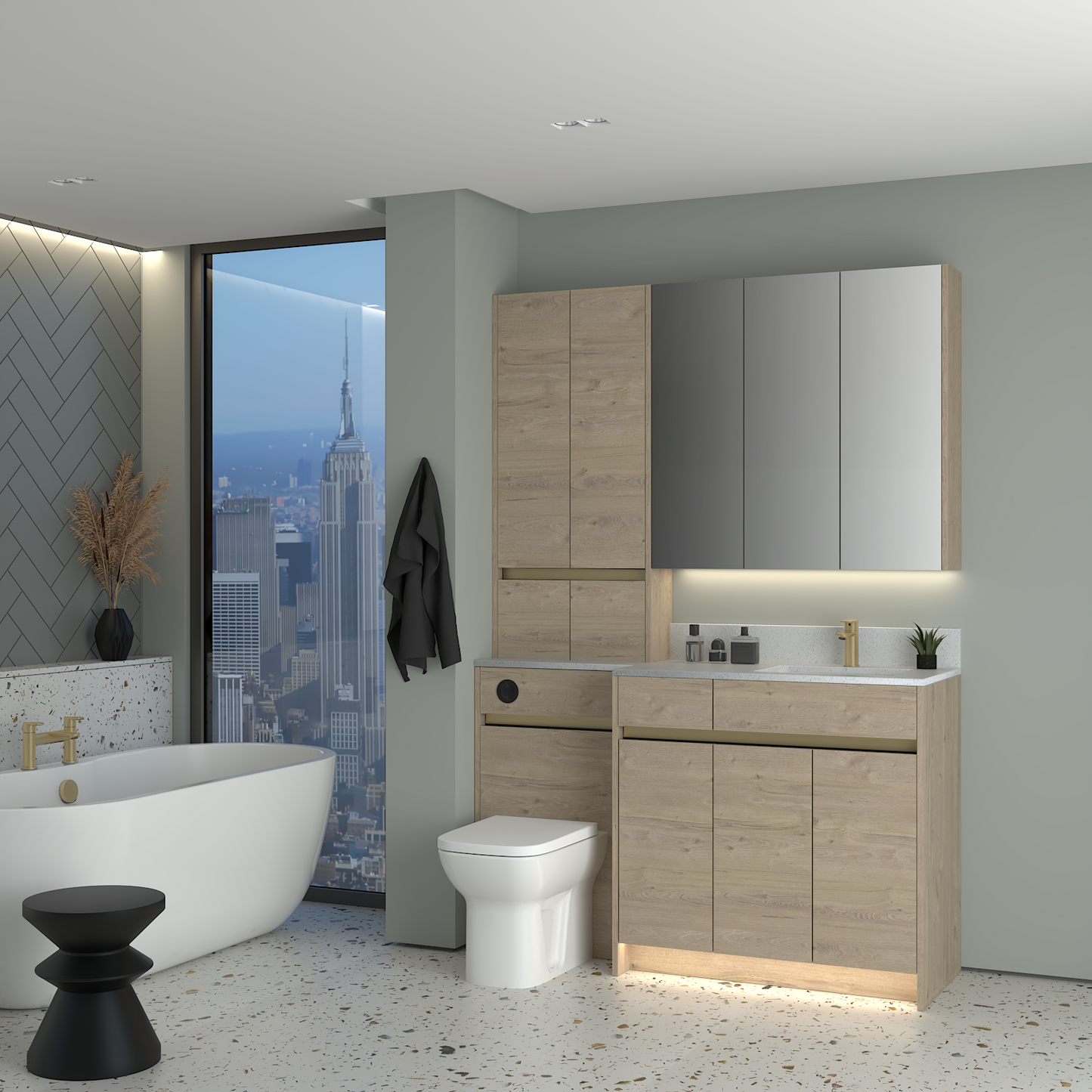 ELANA MATT WITH BRASS PROFILE & TAP BASE, TALL & WALL UNITS BATHROOM FITTED FURNITURE