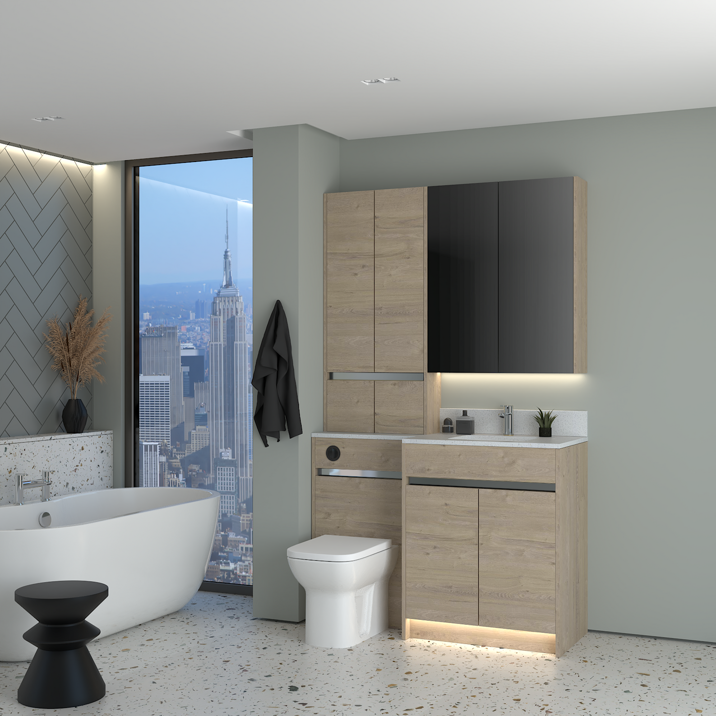 ELANA MATT WITH CHROME PROFILE & TAP BASE, TALL & WALL UNITS BATHROOM FITTED FURNITURE