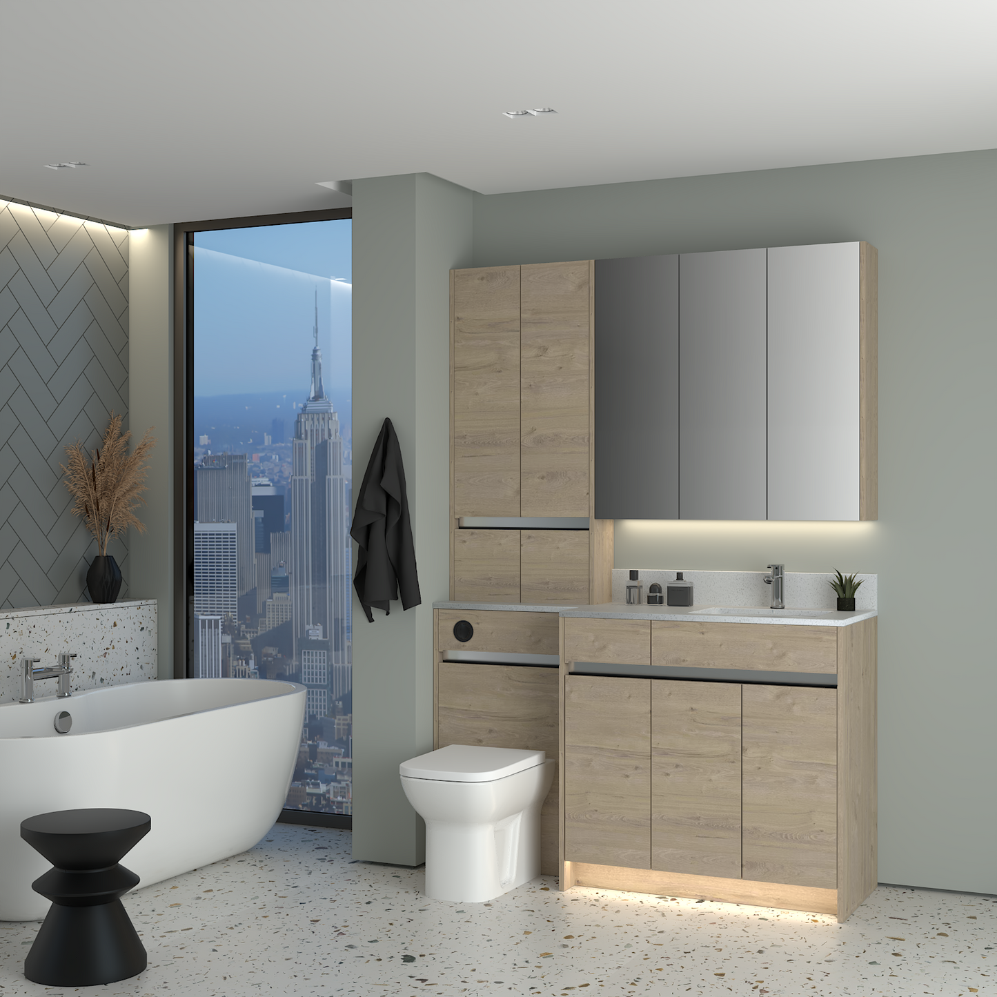 ELANA MATT WITH CHROME PROFILE & TAP BASE, TALL & WALL UNITS BATHROOM FITTED FURNITURE