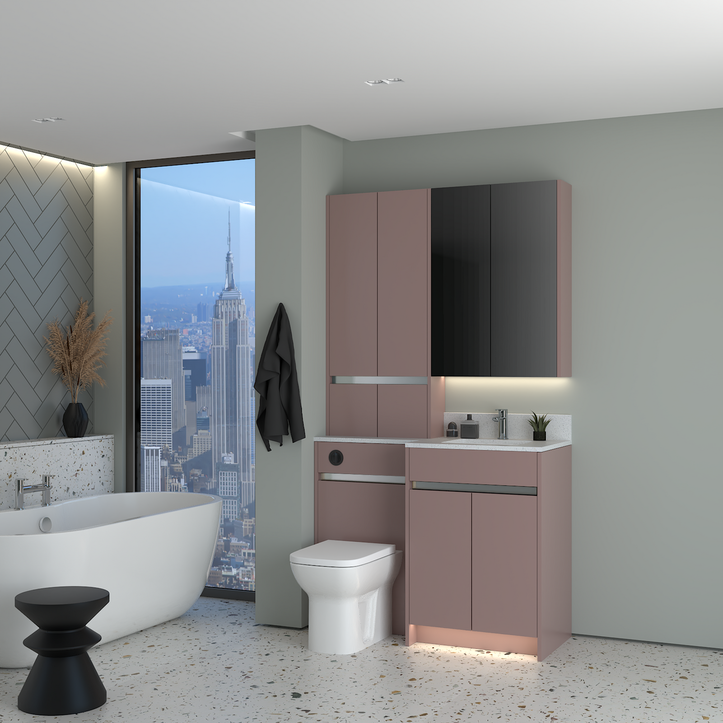 ELANA MATT WITH CHROME PROFILE & TAP BASE, TALL & WALL UNITS BATHROOM FITTED FURNITURE