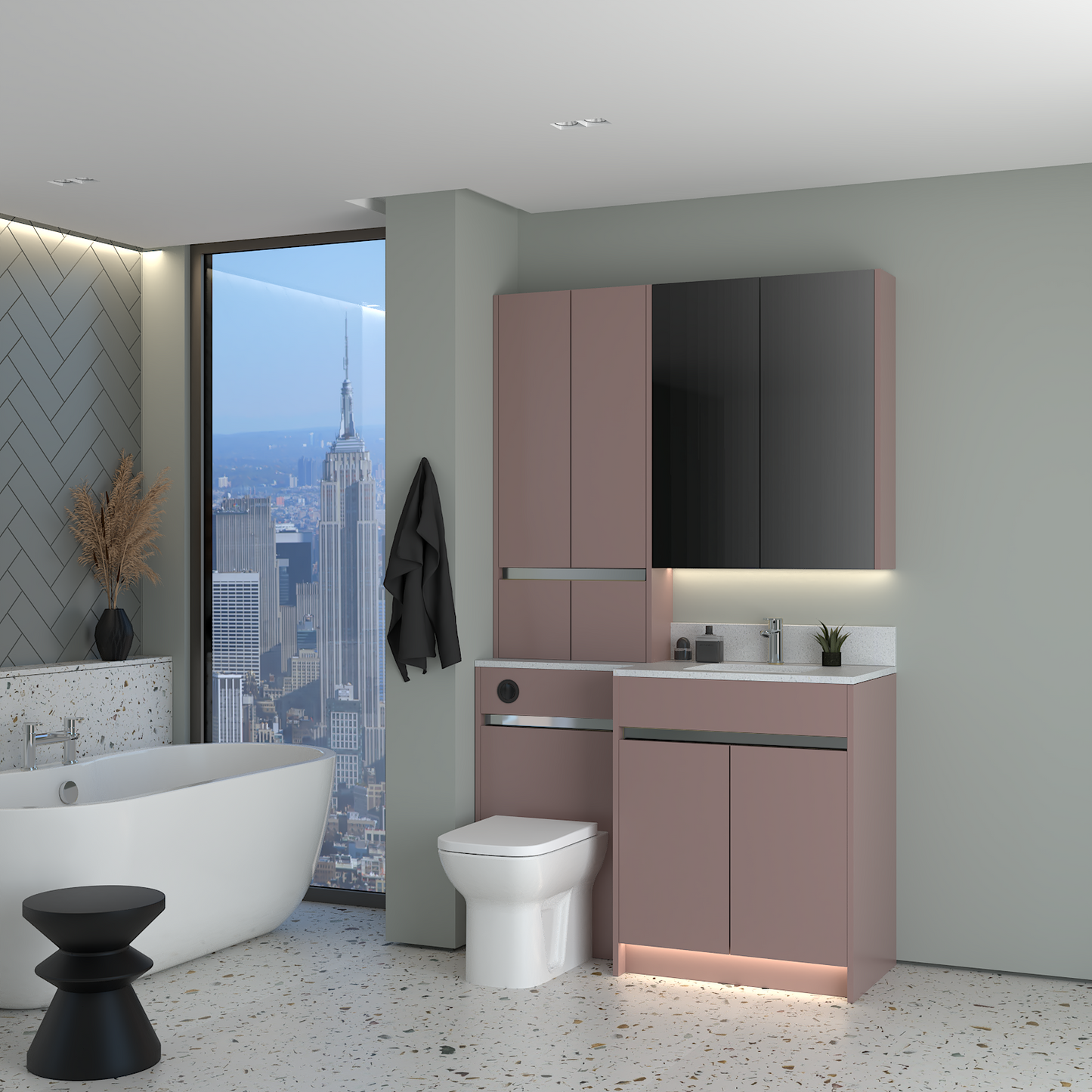 ELANA MATT WITH CHROME PROFILE & TAP BASE, TALL & WALL UNITS BATHROOM FITTED FURNITURE