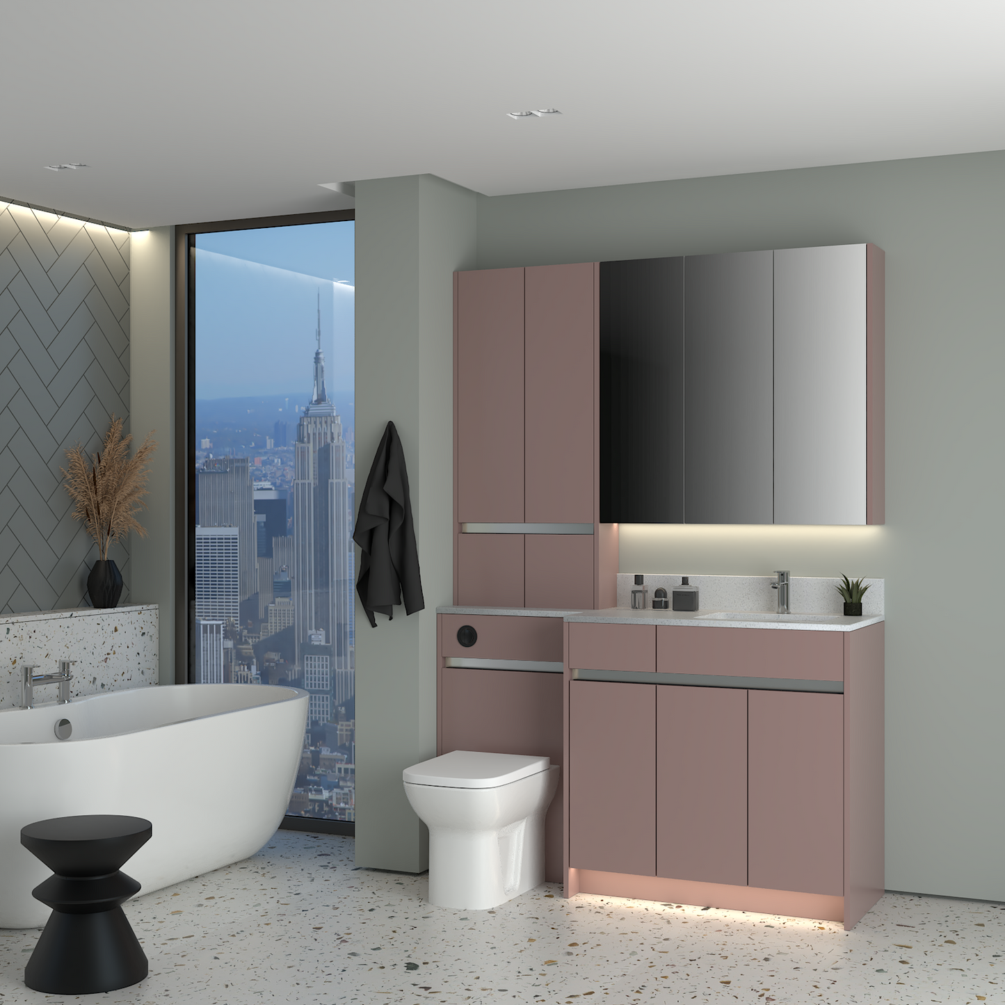 ELANA MATT WITH CHROME PROFILE & TAP BASE, TALL & WALL UNITS BATHROOM FITTED FURNITURE
