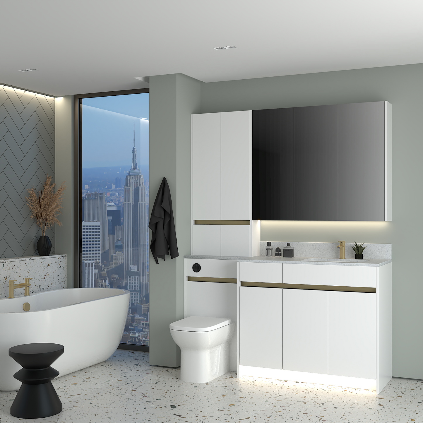 ELANA MATT WITH BRASS PROFILE & TAP BASE, TALL & WALL UNITS BATHROOM FITTED FURNITURE