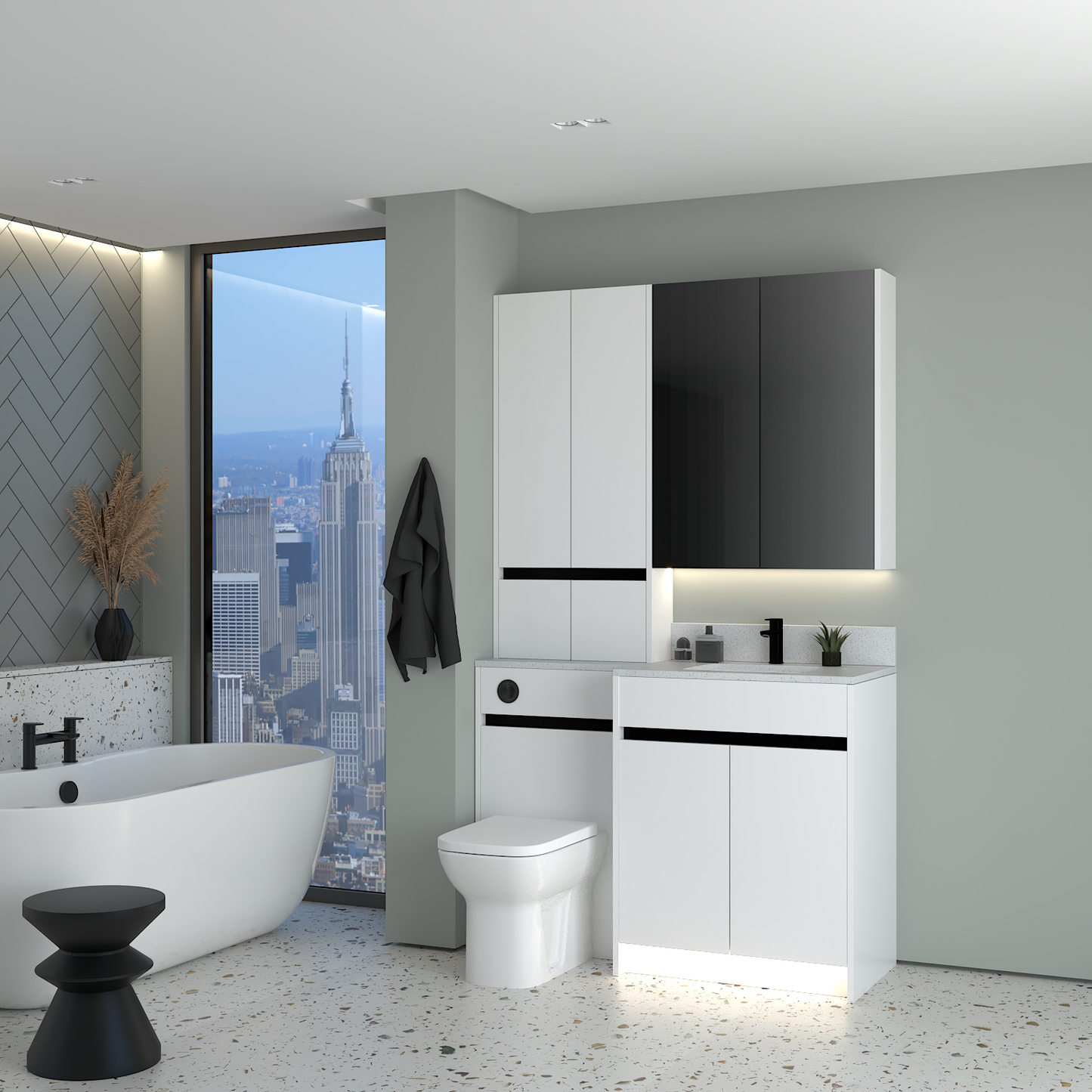 ELANA MATT WITH BLACK PROFILE & TAP BASE, TALL & WALL UNITS BATHROOM FITTED FURNITURE