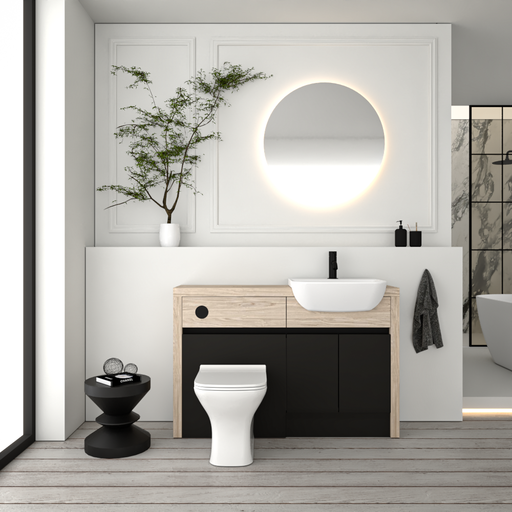 SEVI NORDIC OAK / BLACK MATT BASE UNITS BATHROOM FITTED FURNITURE