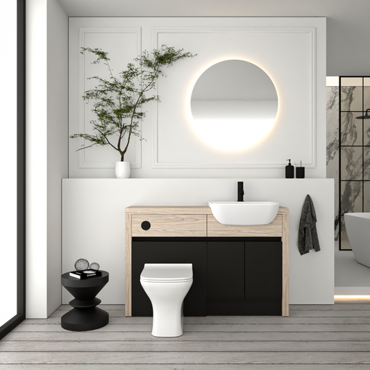 SEVI NORDIC OAK / BLACK MATT BASE UNITS BATHROOM FITTED FURNITURE