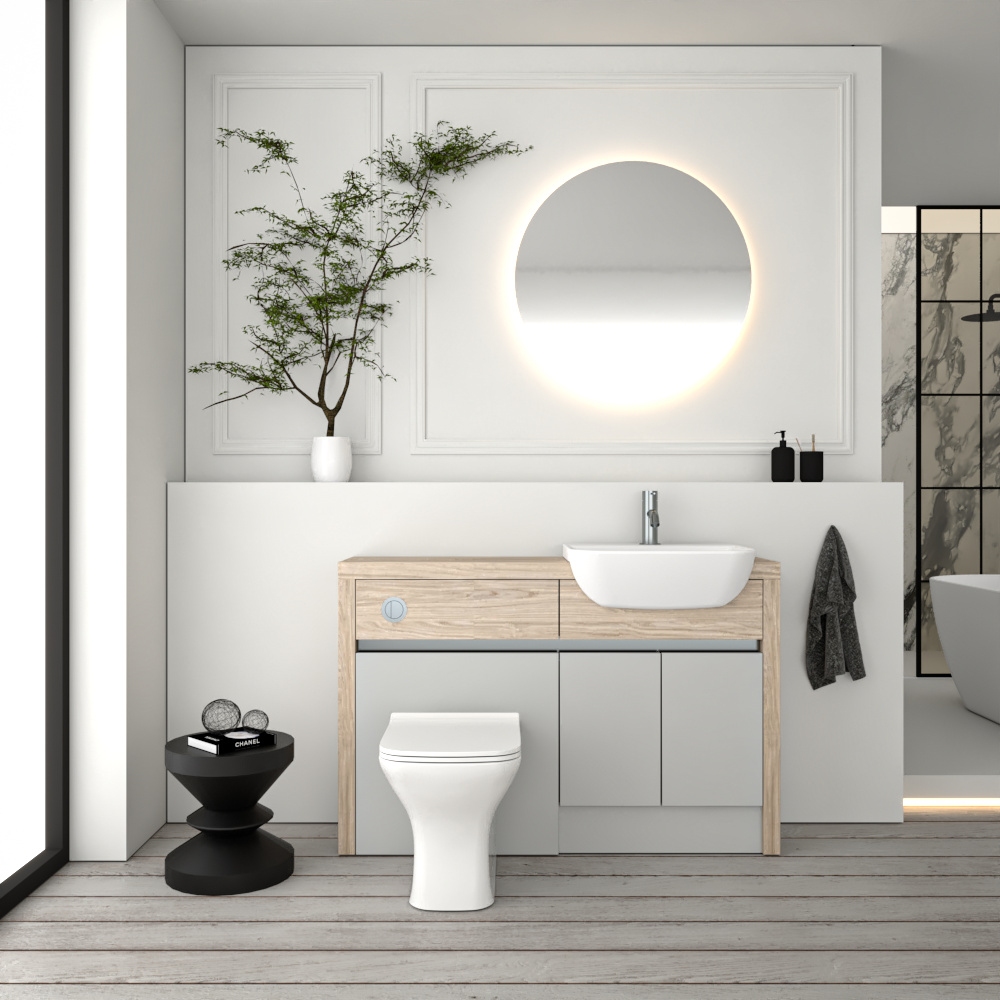 SEVI NORDIC OAK / LIGHT GREY MATT BASE UNITS BATHROOM FITTED FURNITURE