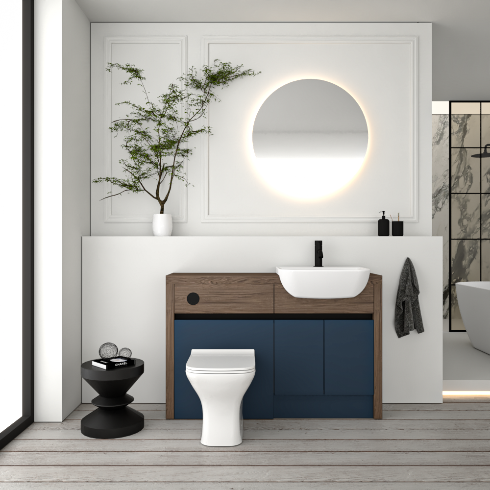 SEVI NORDIC CHESTNUT / ALBY BLUE MATT BASE UNITS BATHROOM FITTED FURNITURE