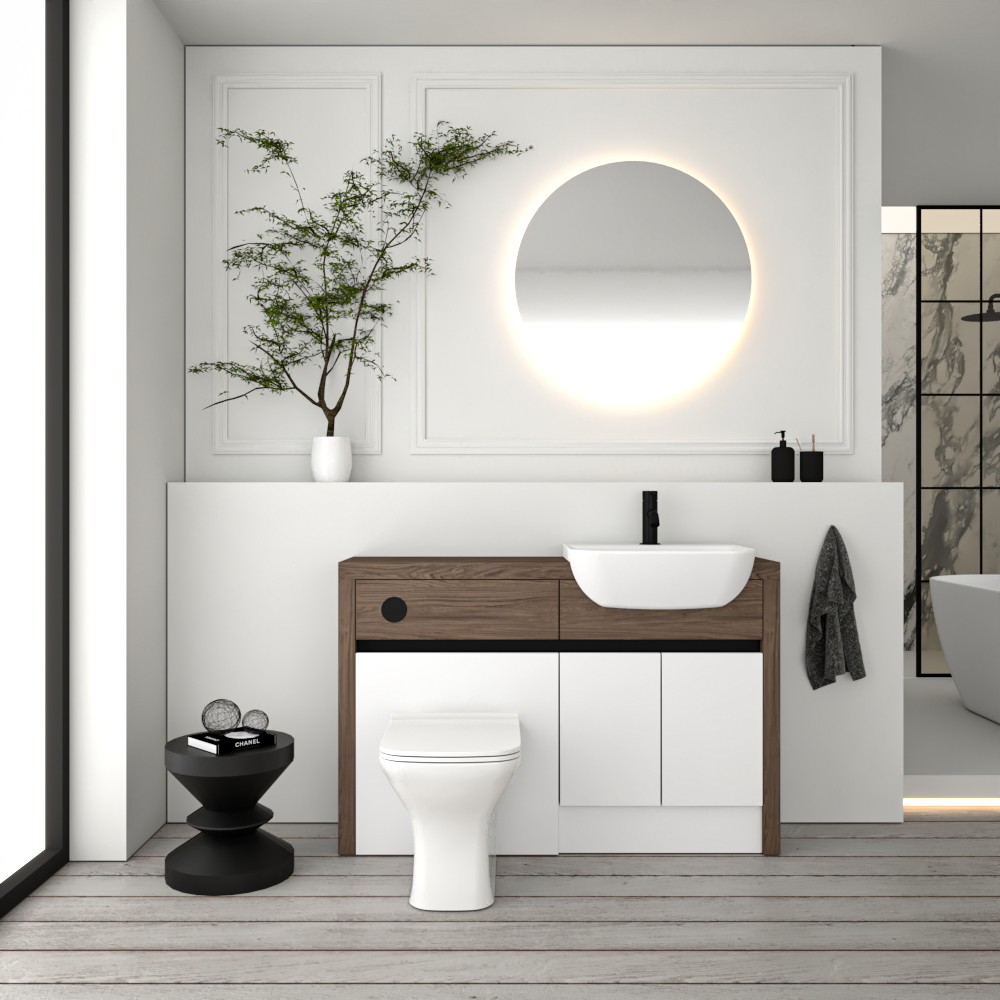 SEVI NORDIC CHESTNUT / WHITE MATT BASE UNITS BATHROOM FITTED FURNITURE