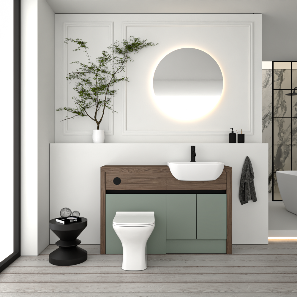 SEVI NORDIC CHESTNUT / REED GREEN MATT BASE UNITS BATHROOM FITTED FURNITURE