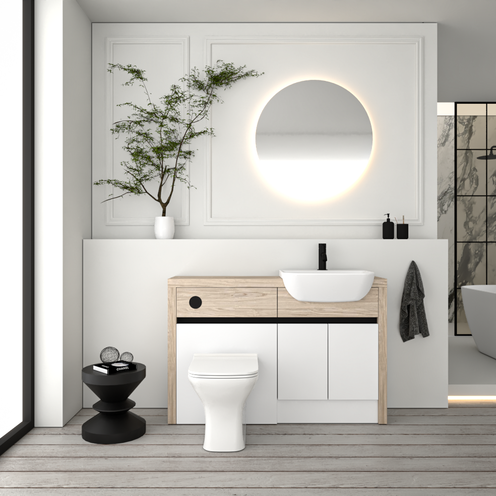 SEVI NORDIC OAK / WHITE MATT BASE UNITS BATHROOM FITTED FURNITURE