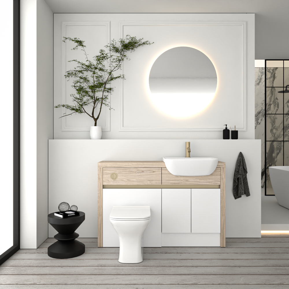 SEVI NORDIC OAK / WHITE MATT BASE UNITS BATHROOM FITTED FURNITURE