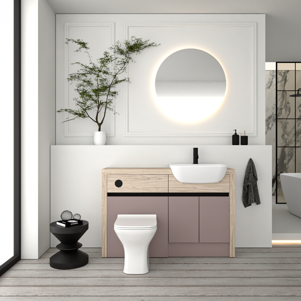 SEVI NORDIC OAK / DUST PINK MATT BASE UNITS BATHROOM FITTED FURNITURE