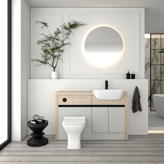 SEVI NORDIC OAK / LIGHT GREY MATT BASE UNITS BATHROOM FITTED FURNITURE