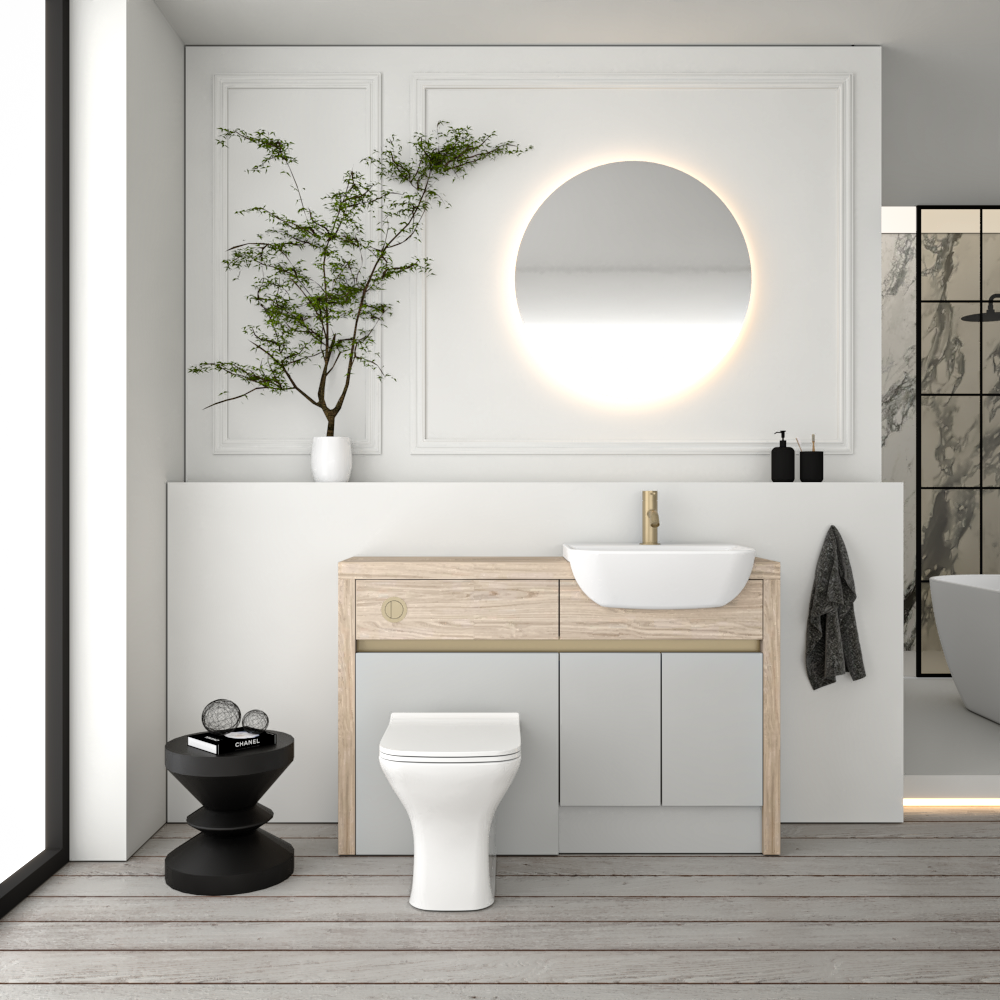 SEVI NORDIC OAK / LIGHT GREY MATT BASE UNITS BATHROOM FITTED FURNITURE