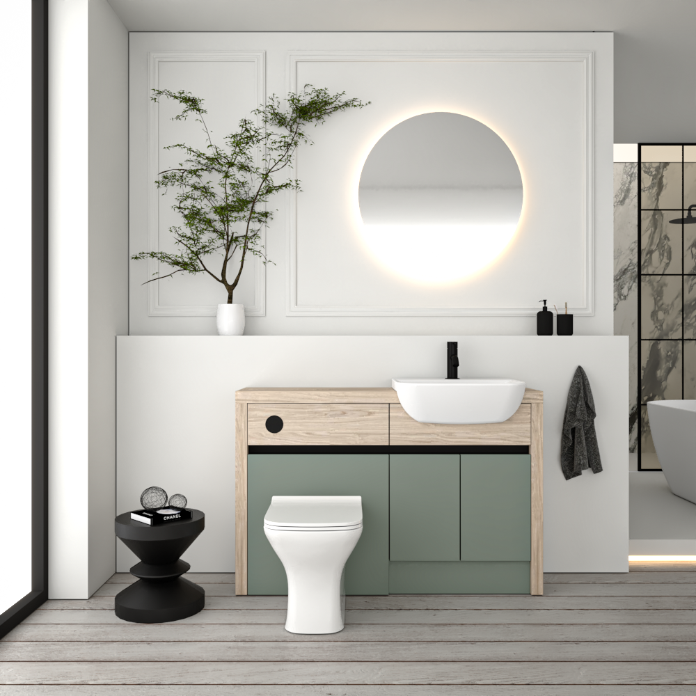 SEVI NORDIC OAK / REED GREEN MATT BASE UNITS BATHROOM FITTED FURNITURE