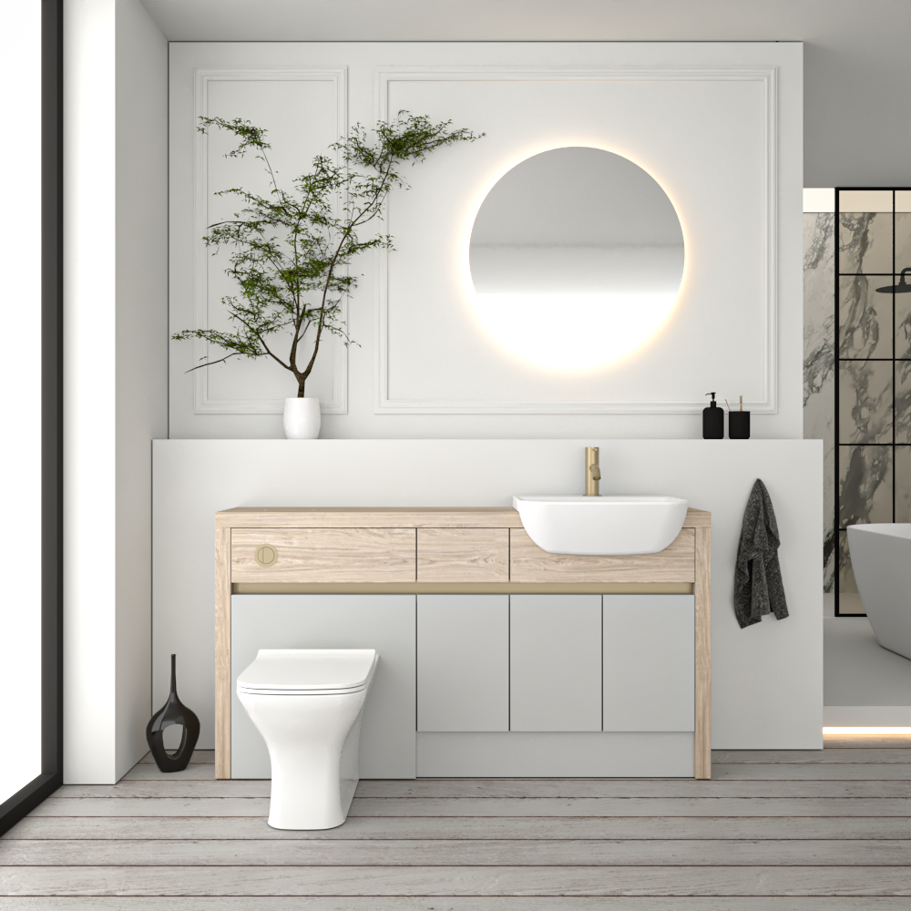 SEVI NORDIC OAK / LIGHT GREY MATT BASE UNITS BATHROOM FITTED FURNITURE