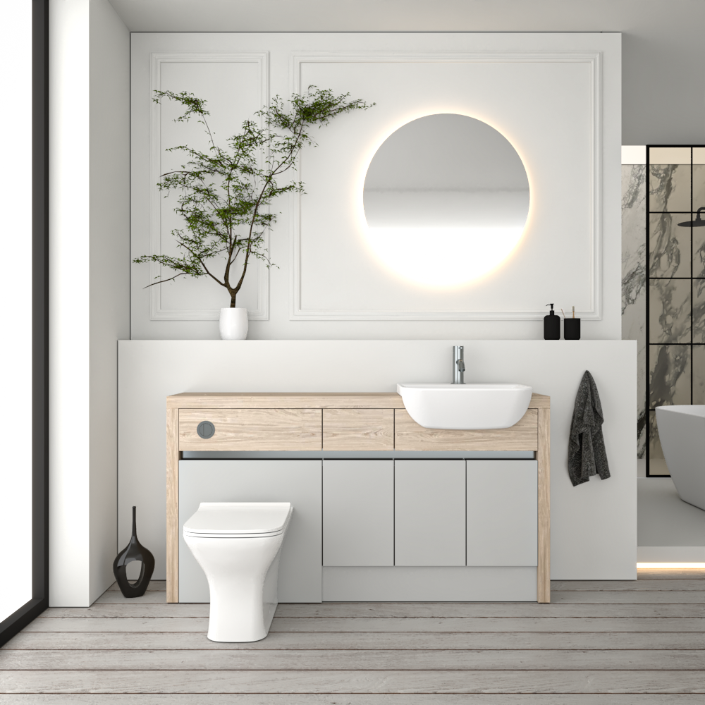 SEVI NORDIC OAK / LIGHT GREY MATT BASE UNITS BATHROOM FITTED FURNITURE