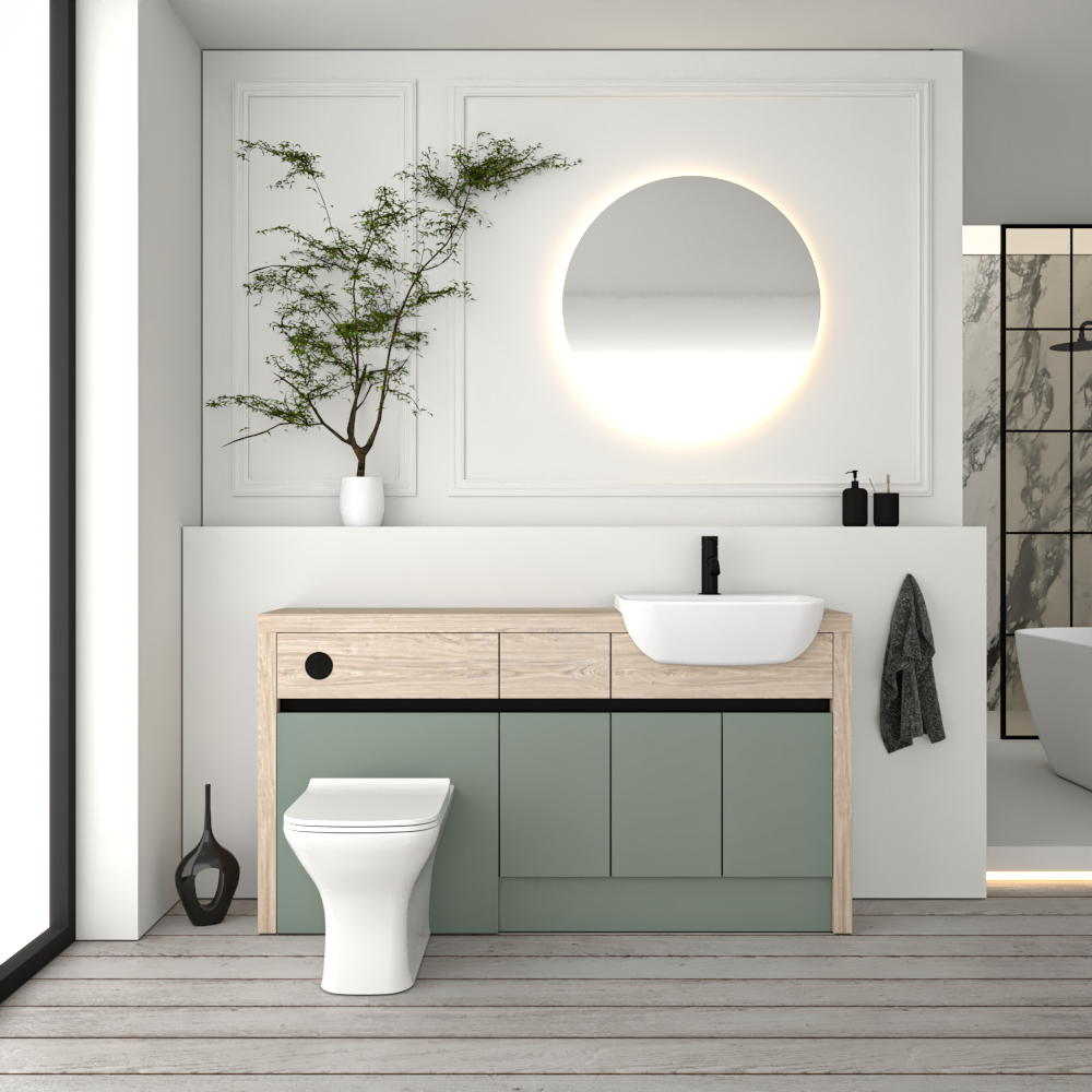 SEVI NORDIC OAK / REED GREEN MATT BASE UNITS BATHROOM FITTED FURNITURE
