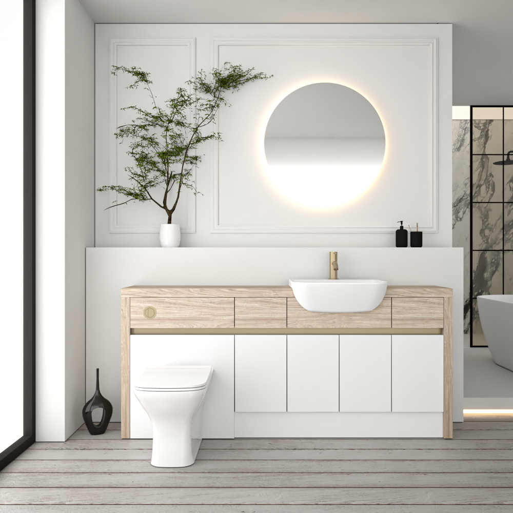 SEVI NORDIC OAK / WHITE MATT BASE UNITS BATHROOM FITTED FURNITURE