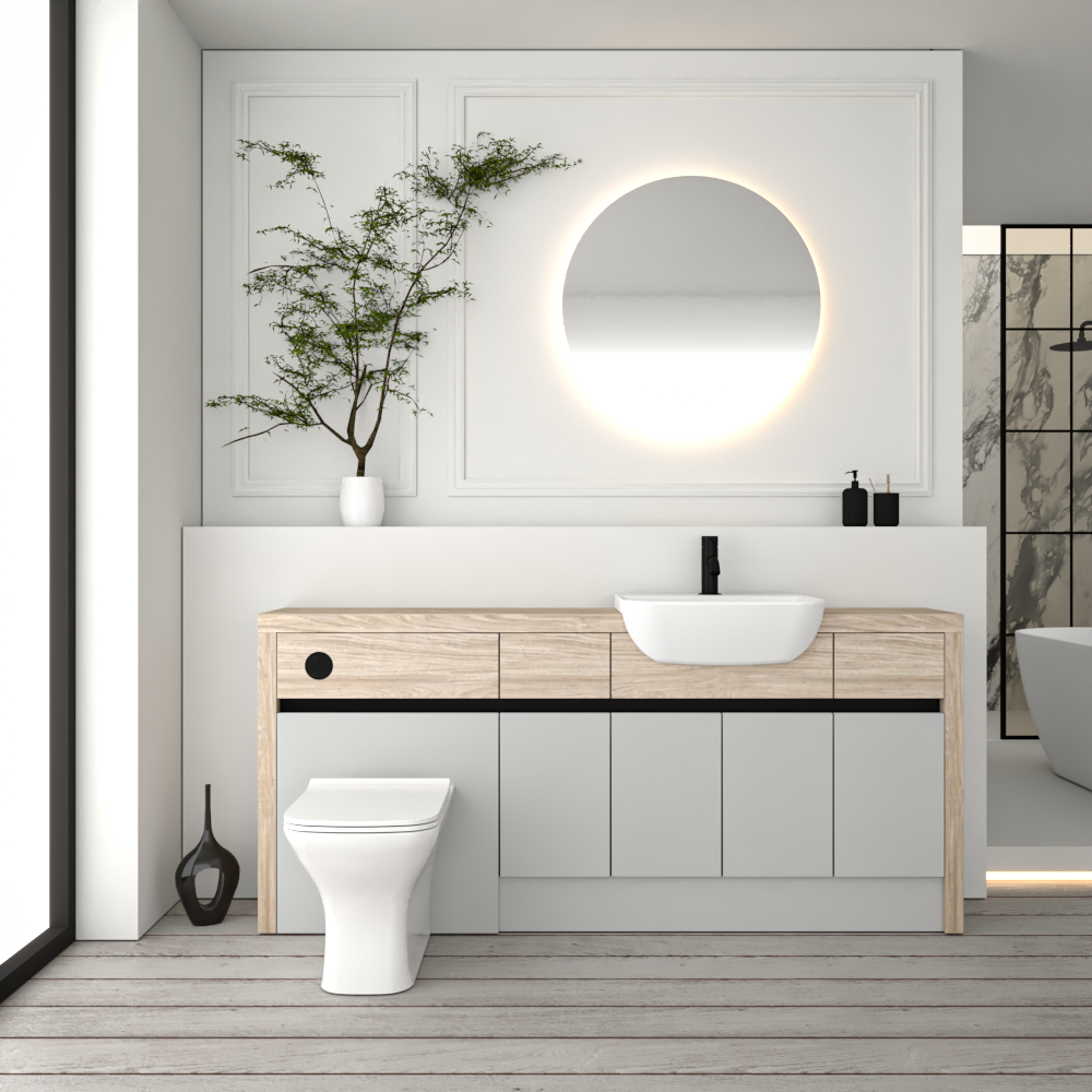 SEVI NORDIC OAK / LIGHT GREY MATT BASE UNITS BATHROOM FITTED FURNITURE