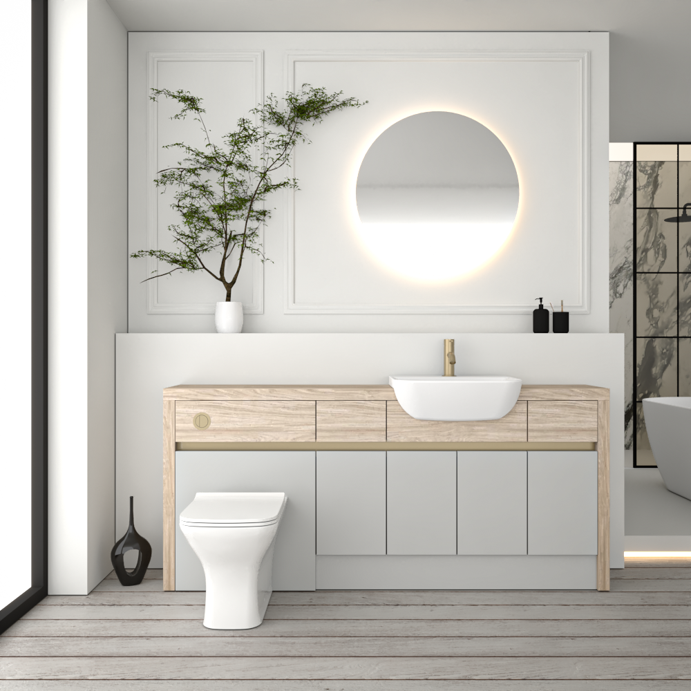 SEVI NORDIC OAK / LIGHT GREY MATT BASE UNITS BATHROOM FITTED FURNITURE