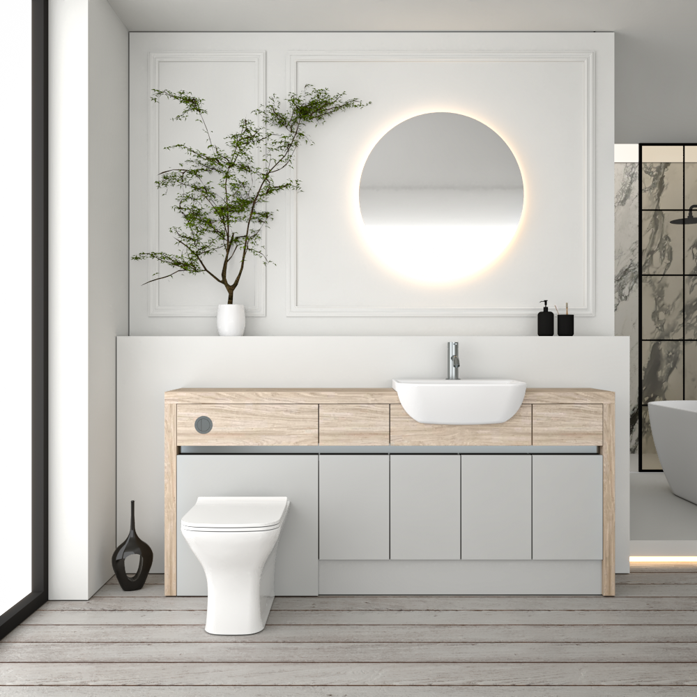 SEVI NORDIC OAK / LIGHT GREY MATT BASE UNITS BATHROOM FITTED FURNITURE