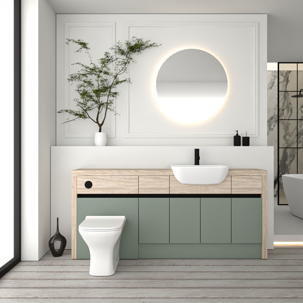 SEVI NORDIC OAK / REED GREEN MATT BASE UNITS BATHROOM FITTED FURNITURE