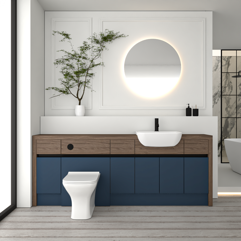 SEVI NORDIC CHESTNUT / ALBY BLUE MATT BASE UNITS BATHROOM FITTED FURNITURE